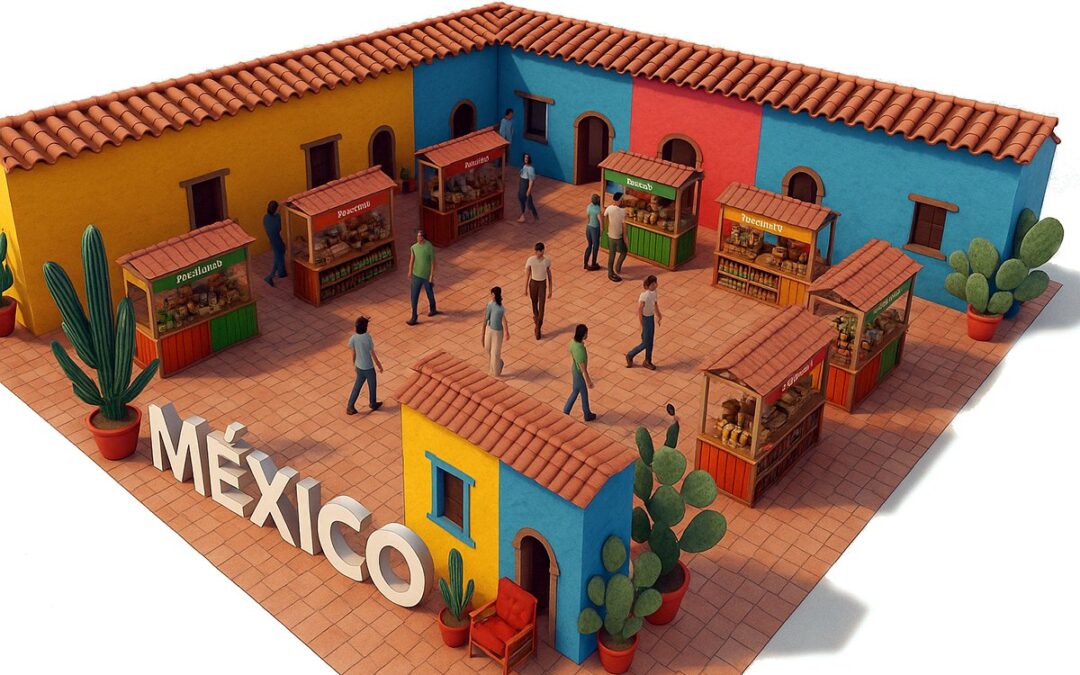 Render del Pabellón de México en Alimentaria 2026: patio con fachadas de colores, puestos de producto y letras MÉXICO